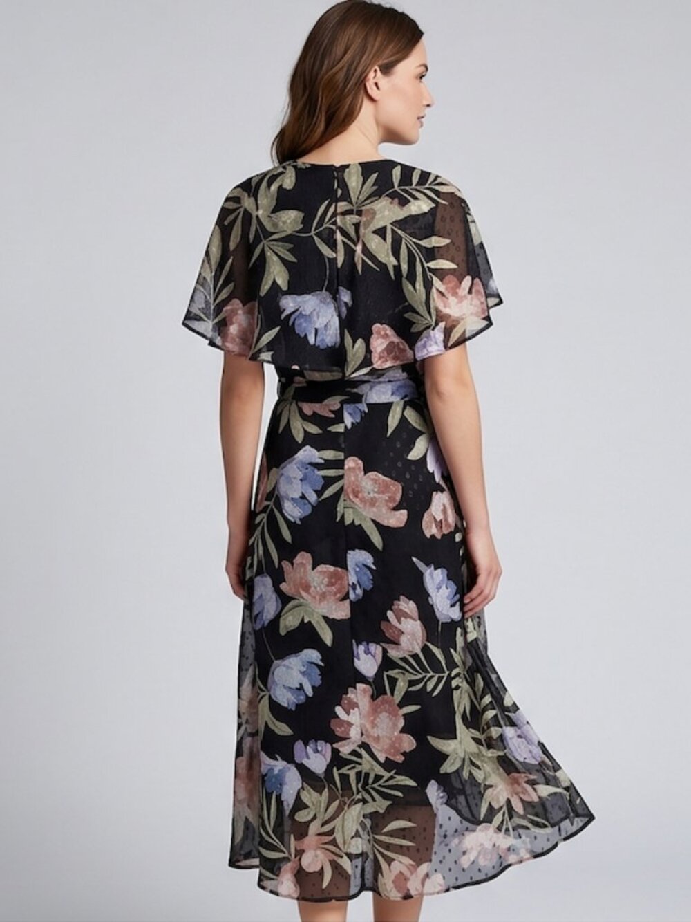 Gabby Skye Black Floral Faux-Wrap Midi Dress - Picture 3 of 11
